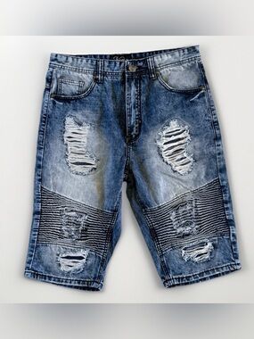 Veno Distressed Moto Denim Shorts Men’s 32 Acid Wash